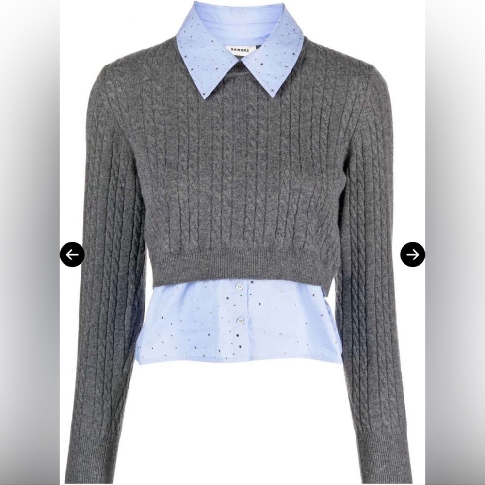 Sandro NWT Gray Cable Knit Sweater with embellished blue collar
